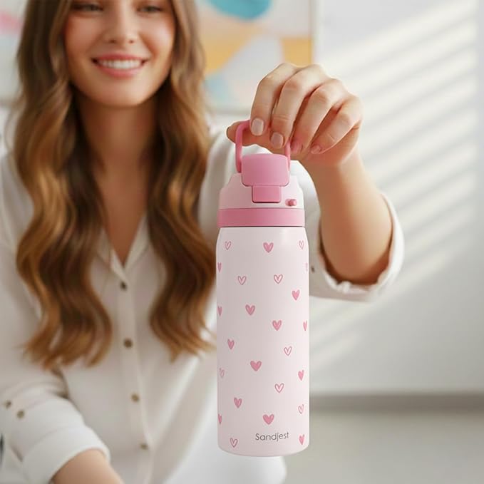 Heart Insulated Stainless Steel Water Bottle with Straw for Sports and Travel, 32oz, Gifts for Women Girls Friends Teens Birthday Christmas