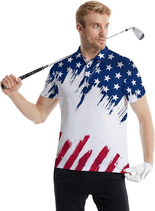HUURAY Funny Golf Polos for Men Funny Print Short Sleeve Shirts Quick Dry Polo Shirts Hawaiian Shirt Performance Golf Outfits