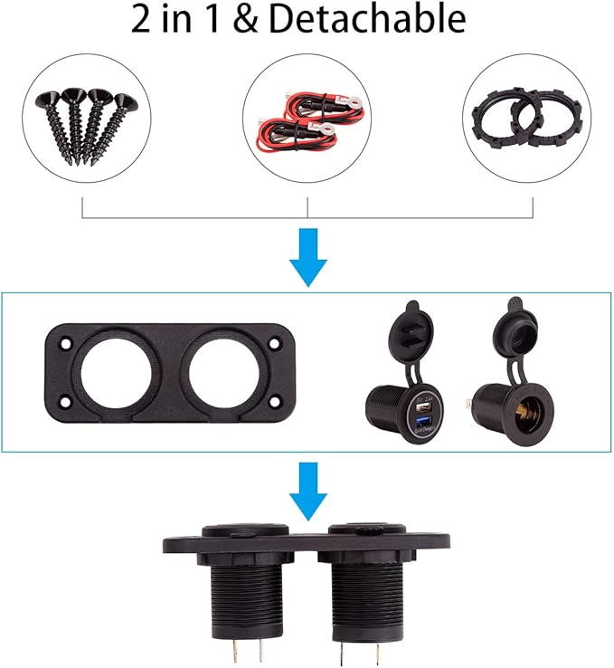 10L0L Golf Cart Cigarette Lighter Outlet & Quick Charge 3.0 DC 12V Input Waterproof USB Charger Power Socket Adapter Dual USB Ports Panel Universal for EZGO Club Car Yamaha Golf Cart Models