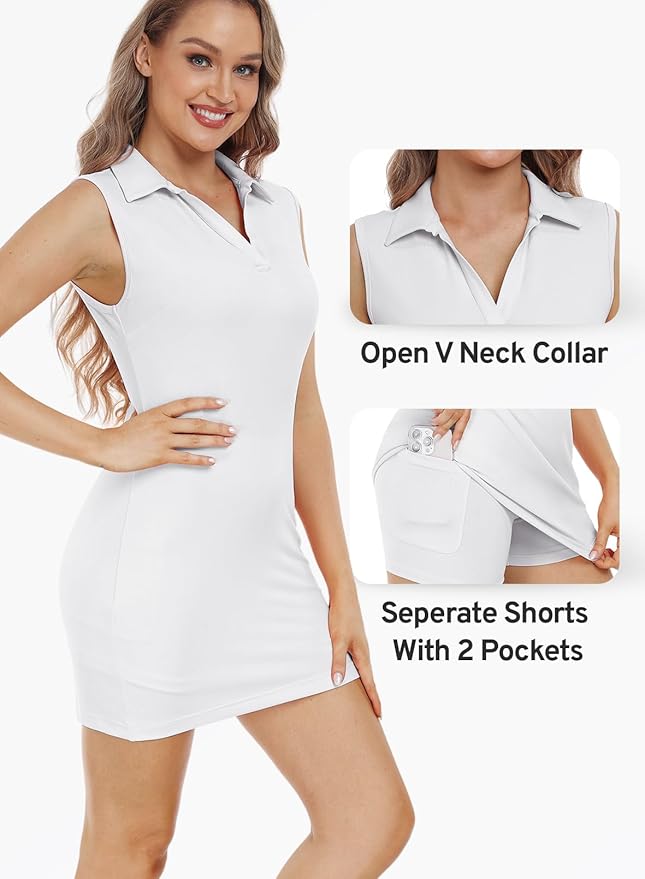 Hiverlay Golf Dresses for Women with Shorts and Pockets, V-Neck Short Sleeve Tennis Dress, Workout Athletic Dresses
