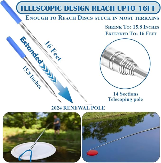 DF 4-in-1 Disc Golf Retriever Pole - 16-ft Telescopic Stainless Steel, Disc Golf Disc Retriever with Hooks Suction-Cup Carry Bag - Disc Golf Accessories for Water Trees Bushes.