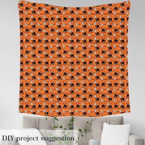 Cute Cat Outdoor Fabric by The Yard Halloween Theme Soft Polyester No Stretch DIY Craft Bats Wild Animal Printed Fabrics Orange Stripes Scrapbooking Cloth,5 Yards,180" L x 59" W
