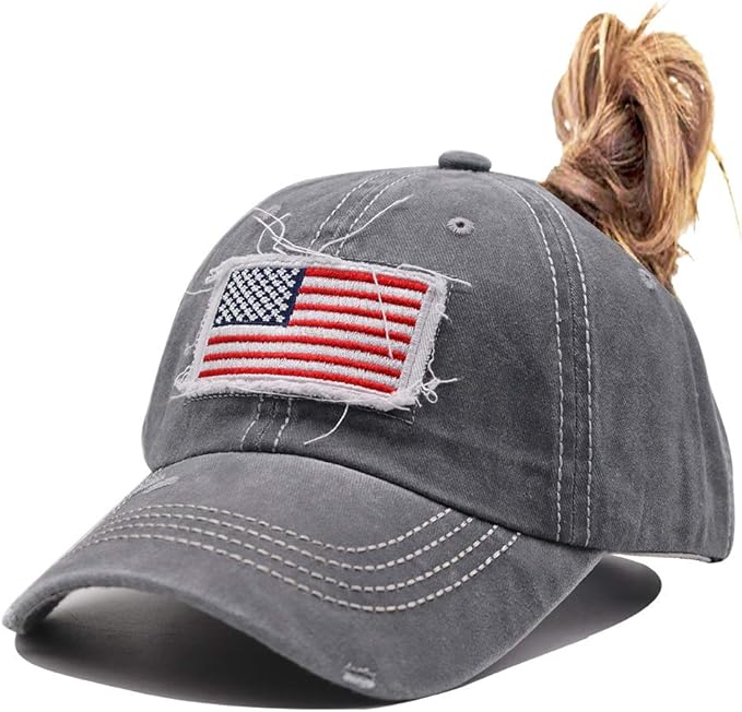 Women American Flag Ponytail Hat, Embroidery Adjustable Washed Distressed Messy Bun Baseball Cap …
