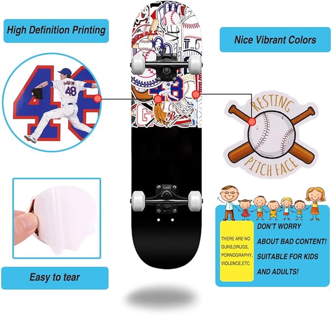 JOICEE 50pcs Baseball Stickers，Waterproof Vinyl Baseball Tattoos for Kids Teens Boys Adults, Sports Decals for Snowboard Laptop Water Bottles Hydro Flasks Phone Guitar Skateboard Computer