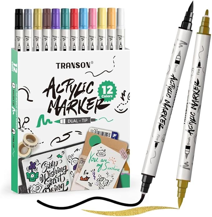 TRANSON 12 Colors Fine and Brush Dual-tip Acrylic Paint Marker Pen Set by Transon