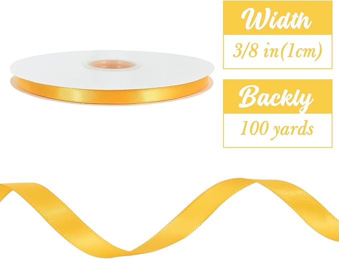TONIFUL 3/8 Inch x 100yds Yellow Satin Ribbon Thin Solid Fabric Ribbons Roll - Image 2