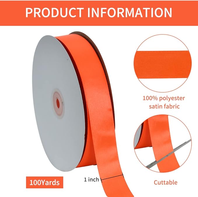 TONIFUL 1 Inch x 100yds Orange Satin Ribbon, Thin Solid Color Satin Ribbon - Image 2