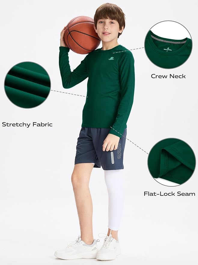DEVOROPA Youth Boys Compression Shirt Long/Short Sleeve Football Baseball Undershirt Quick Dry Kids Sports Baselayer Crewneck