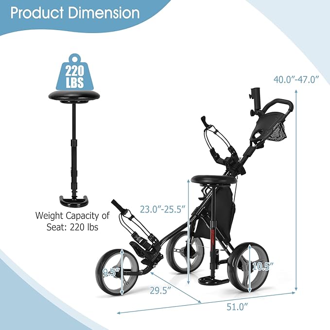 Tangkula Golf Push Pull Cart with Seat, Lightweight Foldable Collapsible 3 Wheels Push Cart, Golf Trolley with Foot Brake, Adjustable Umbrella Holder & Seat, 4 Height Position Handle