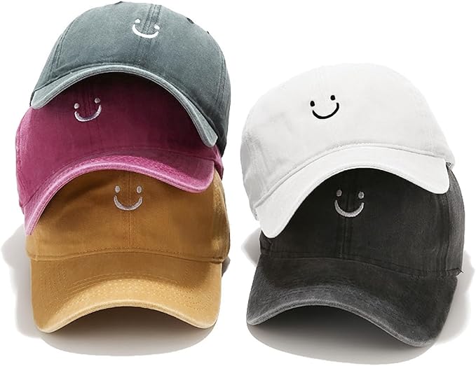 Smile Face Baseball Cap Vintage Distressed Low Profile Unstructured Cotton Dad Hat Adjustable for Women Men