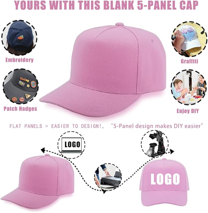 ZH 12 PC 5 Panel Baseball caps, Bulk Baseball caps, Customizable DIY Design, Wholesale Caps, One-Size-Fits-All
