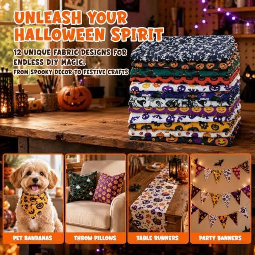 12Pcs Halloween Cotton Fabric Bundles, 20x20 Inch Halloween Sewing Fabric Squares Pumpkin Ghost Bat Printed Cloth for DIY Quilting Craft Decor
