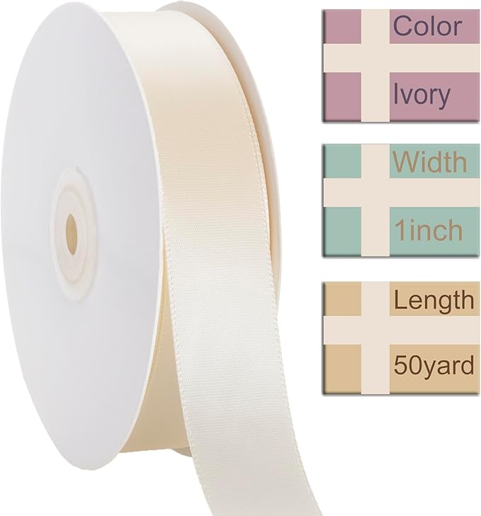 1 Inch Ivory Ribbon, 50 Yards Craft Polyester Satin Ribbon Perfect - Image 2