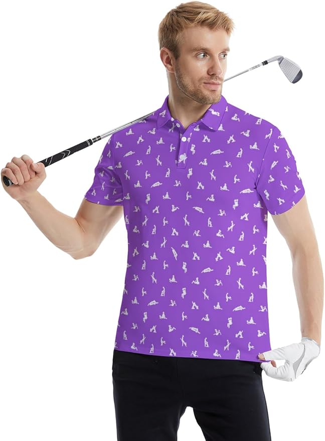 HUURAY Funny Golf Polos for Men Funny Print Short Sleeve Shirts Quick Dry Polo Shirts Hawaiian Shirt Performance Golf Outfits