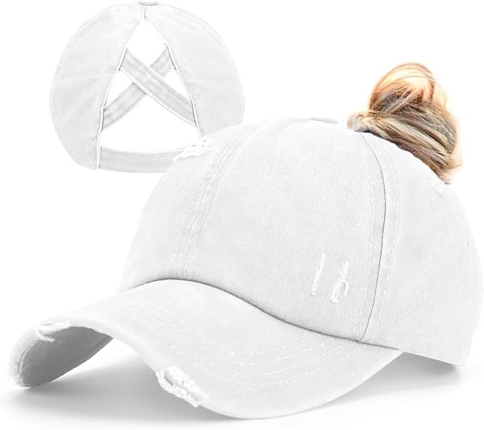 Womens Criss Cross Ponytail Baseball Cap Distressed Ponytail Hat High Messy Bun Trucker Ponycap for Outdoor Sports