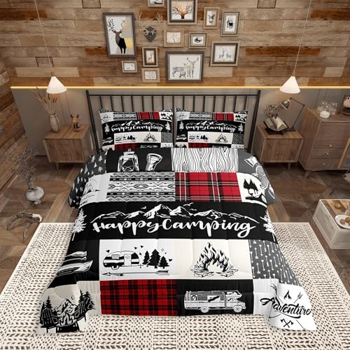 Castle Fairy Camping Camper Comforter Set Queen Size,RV Inside Decor Rustic Patchwork Bedding Set for Women Adult,Farmhouse Lodge Hunting Red Checkered Luxury Bed Duvet Insert, 2 Pillowcases