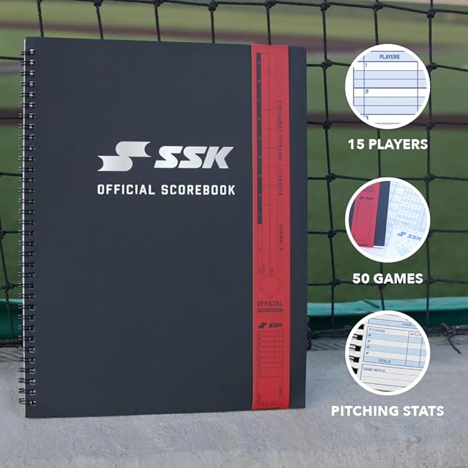 SSK 50 Game Official Scorebook Baseball + Softball – Premium Cover Score Keeping Book – 15 Player - Home + Away Team – 9.25”x12”