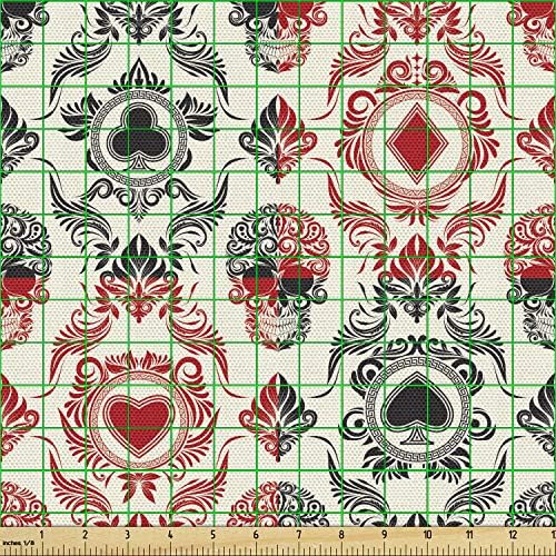 Lunarable Skull Fabric by The Yard, Playing Card Themed Skeleton Head Ace of Spades Diamonds Hearts Victorian, Decorative Fabric for Upholstery and Home Accents, 1 Yard, Vermilion Black