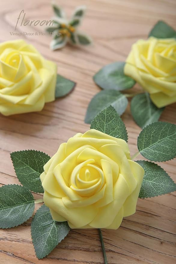 Floroom Artificial Flowers 25pcs Real Looking Canary Yellow Foam Fake Roses - Image 5