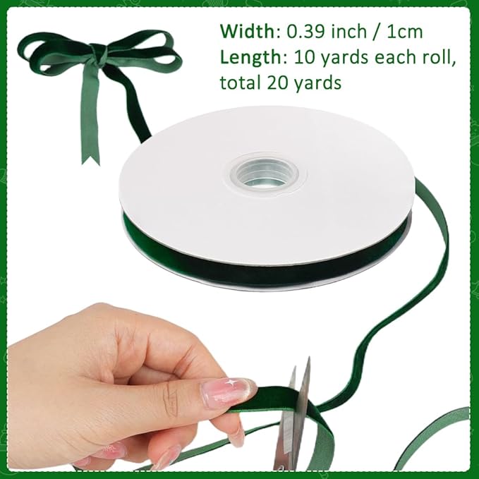Dark Green Velvet Ribbon, 0.39 Inch x 20 Yards Single Faced Green Ribbon - Image 2