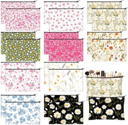 Eccliy Daisy Flower Makeup Bag Floral Cosmetic Bag for Women Canvas Gifts Accessories Toiletry Pouch with Zipper Gift Bags Organizer for Team Party Friend