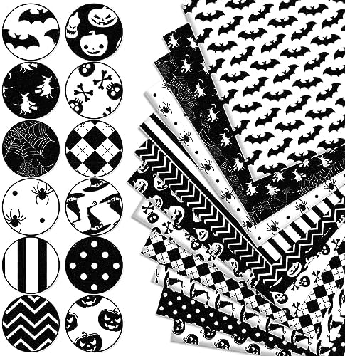 Whaline 12Pcs Halloween Cotton Fabric Bundles 18 x 22 Inch Spider Pumpkin Bat Witch Plaid Stripe Dot Fat Quarters White Black Quilting Patchwork Squares Sewing Fabrics for DIY Craft Party Decor