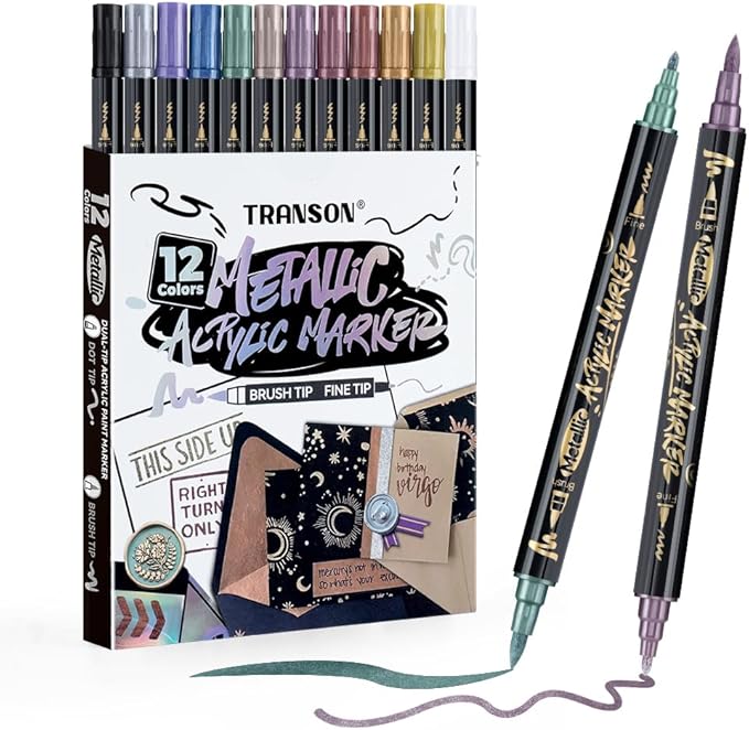 TRANSON 12Colors Metallic Paint Markers Brush and Fine Dual-tip by Transon