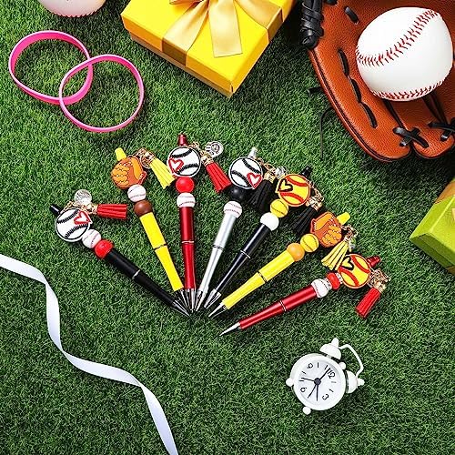 Jutom 12 Pcs Sports Beadable Pens Plastic Baseball Bead Pens Included 50 Pcs Colorful Beads 12 Tassels 12 Pendants Assorted Colors Bead for Gifts School Office DIY Making Kit Supplies