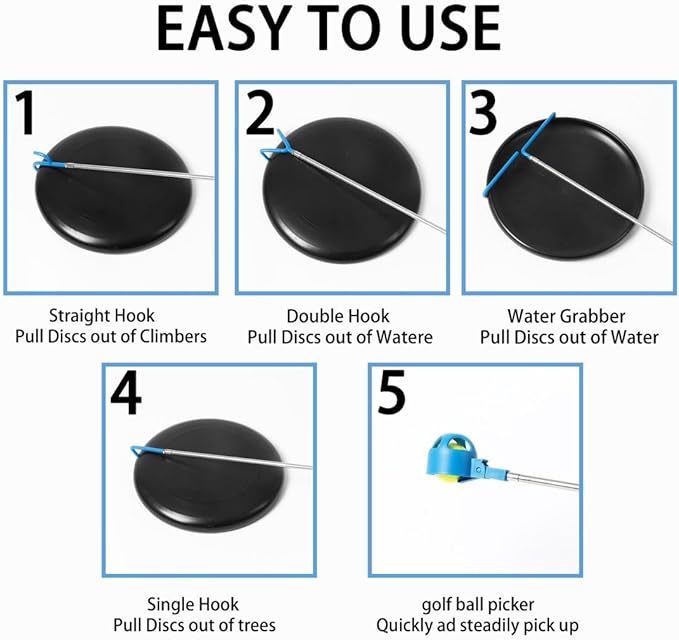MD 5 in 1 Extendable Disc Golf Retriever (16FT) Telescopic Disc Golf Retriever-Disc Retriever with Stainless Steel Frame Multiple Hooks & Carry Bag-Disc Golf Retriever Pole for Tree Bushes & water