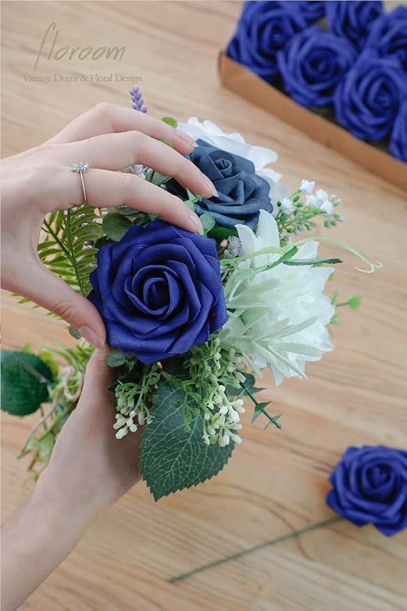 Floroom Artificial Flowers 25pcs Real Looking Royal Blue Foam Fake Roses - Image 2