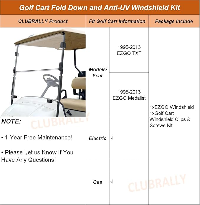Golf Cart Windshield, Fold Down and Anti-UV Windshield Kit for 1995-2013 EZGO TXT/DCS/PDS Golf Cart, 40.6" W X 33" H, Tinted/Clear