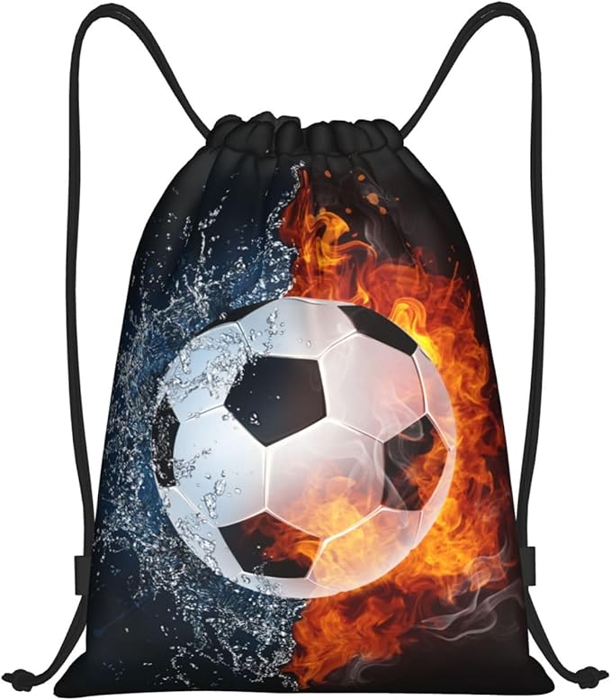 Kids Soccer Drawstring Bags for Boys Girls, Sports-Themed Drawstring Backpack Casual Knapsack with Water and Fire Printed for Teens Adults Women Men for Gym Travel Swimming Hiking Camping, Small