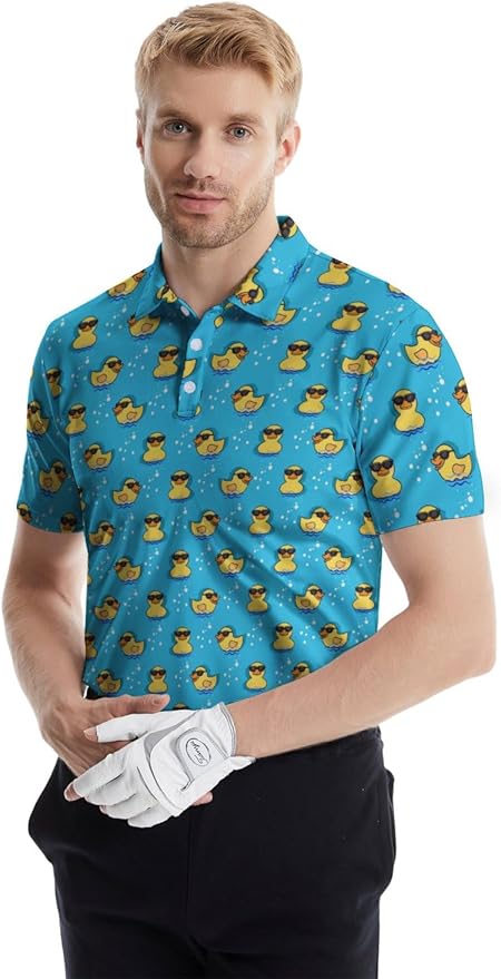 HUURAY Funny Golf Polos for Men Funny Print Short Sleeve Shirts Quick Dry Polo Shirts Hawaiian Shirt Performance Golf Outfits