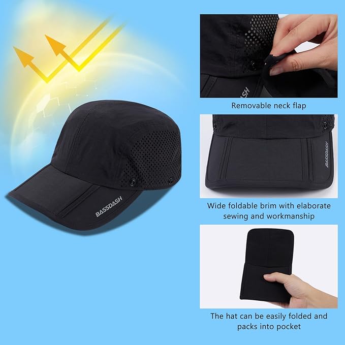 BASSDASH UPF 50+ Foldable Fishing Hat Baseball Cap with Removable Neck Flap Portable for Men Women Golf Hiking