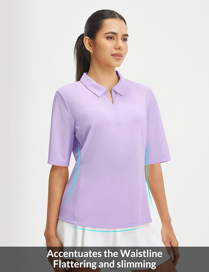baleaf Women's Golf Shirts Half Sleeve Elbow Length Sleeves Polo Tops Workout Athletic Collared Quarter Zip V Neck UPF