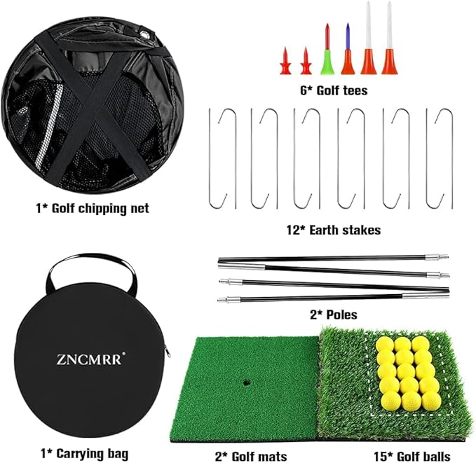 Pop Up Golf Chipping Net, Indoor/Outdoor Golfing Target Net Collapsible Portable Golf Hitting Net with 15 Training Balls and 2 Hitting Mats for Backyard Driving and Swing