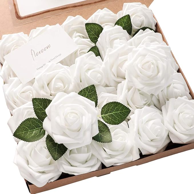 Floroom Artificial Flowers 25pcs Real Looking White Foam Fake Roses by Floroom
