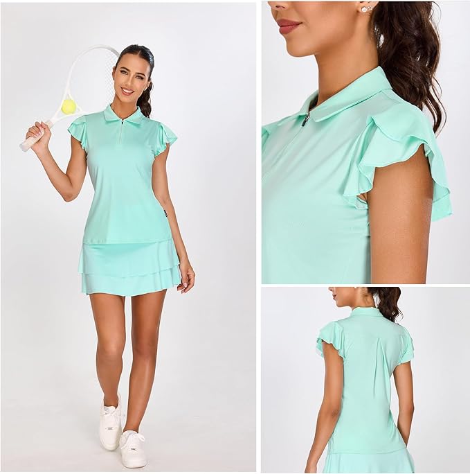 Soneven Womens Petal Sleeve Golf Shirts Moisture Wicking Lady Golf Apparel Print Tennis Sport T Shirt