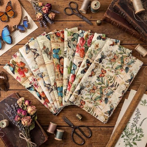 Hahafelt 10 Pcs Vintage Butterfly Quilting Fabric Square 18 x 22 Inch Retro Butterfly Floral Quilted Fabric Bundle Multicolor Precuts Printed Patchwork Supplies for Holiday DIY Sewing Craft