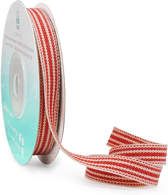 CT CRAFT LLC Ivory Cotton Red Stripes Ribbon 3/8" x 10 Yards by CTCRAFTLLC