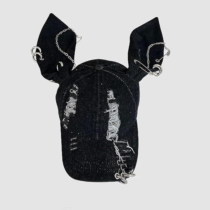Y2k Hat Punk Hats Denim Bunny Hat Chains Distressed Baseball Cap Kpop Outfits Y2k Grunge Hats for Women