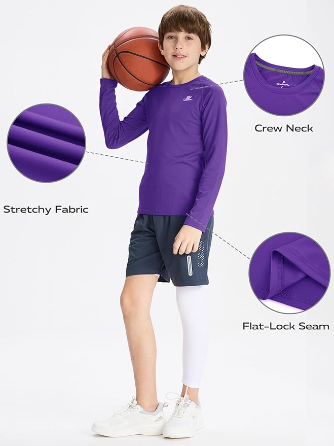 DEVOROPA Youth Boys Compression Shirt Long/Short Sleeve Football Baseball Undershirt Quick Dry Kids Sports Baselayer Crewneck