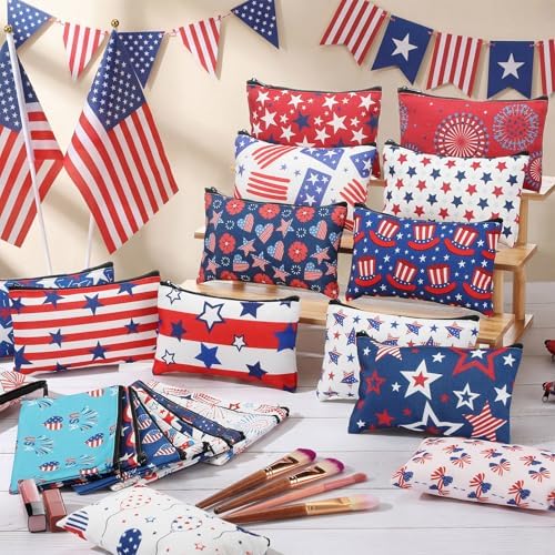 Meanplan 24 Pcs 4th of July Makeup Bags USA 250th Patriotic Zipper