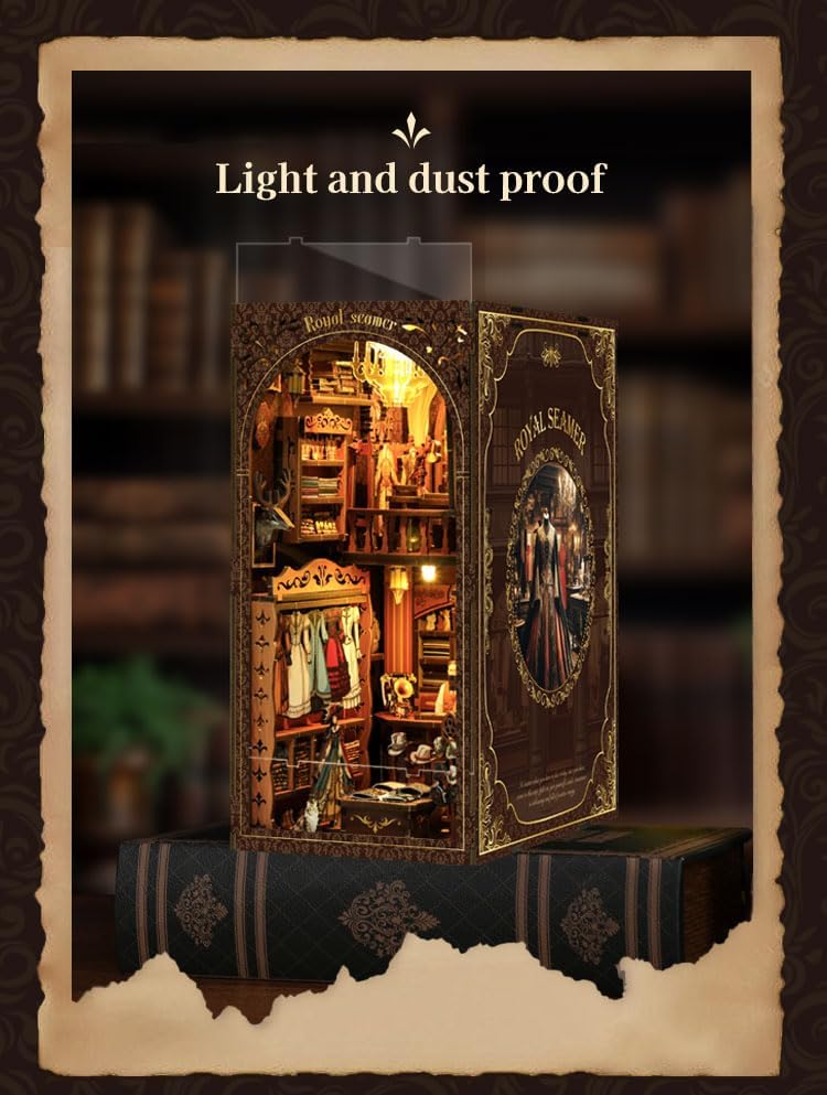 Book Nook Corner mini House Set, DIY Royal Tailor's mini Light and Shadow Book Stand Set, and 3D Wooden Puzzle Bookshelf with LED Lights for Plug-in Decoration, Suitable for Teenager.