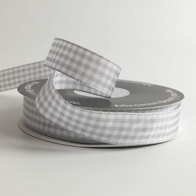 Gingham Ribbon - Gray and White, 25 Yards Each Roll, 100% Polyester - Image 3
