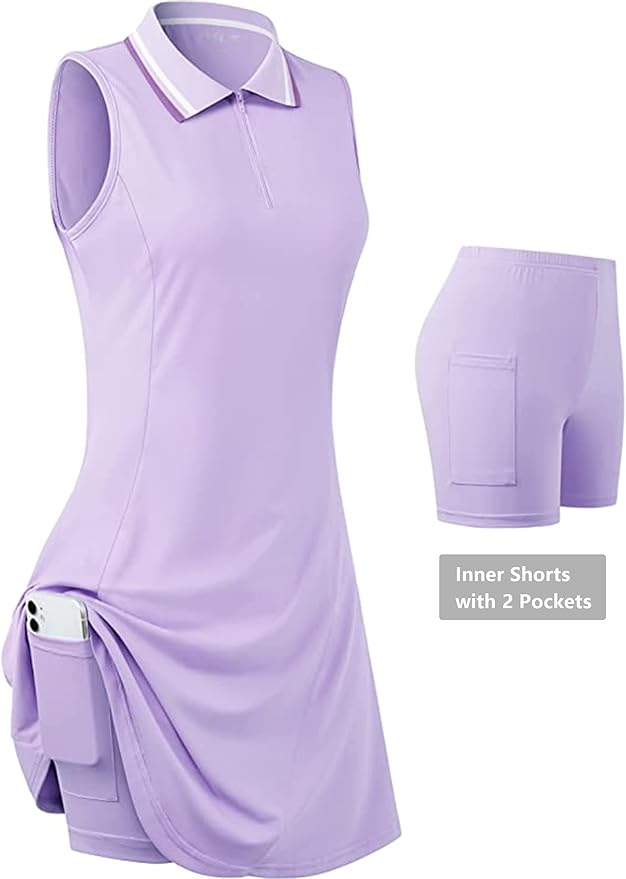 Womens Sleeveless Golf Tennis Dresses with Inner Shorts＆Pockets for Workout Exercise