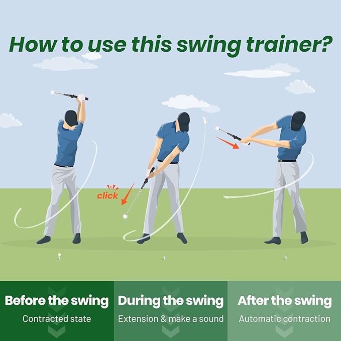 5-in-1 Retractable Golf Swing Trainer, Training Aid with Grip Trainer, Swing Mechanics for Beginners & Tempo Training for Advanced, Click Feedback, Arm Connection, Right/Left-Handed, Indoor/Outdoor