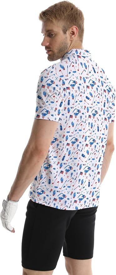 HUURAY Funny Golf Polos for Men Funny Print Short Sleeve Shirts Quick Dry Polo Shirts Hawaiian Shirt Performance Golf Outfits
