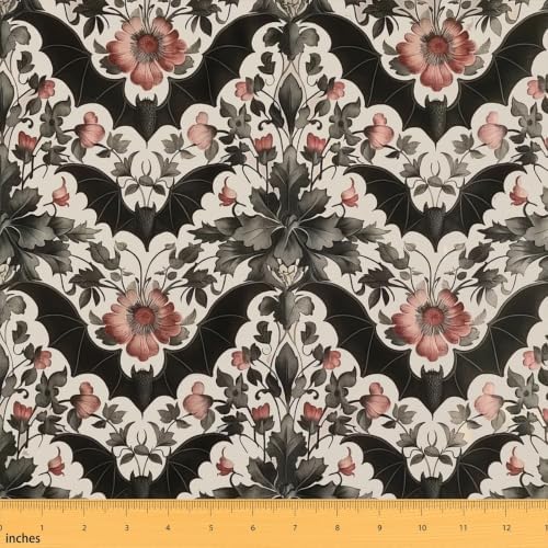 Halloween Bats Upholstery Fabric for Chairs Boho Vintage Floral Outdoor Fabric by The Yard 109"x63", Gothic Damask Antique Decor Goth Silhouette Dark Shadows Landscape Fabric