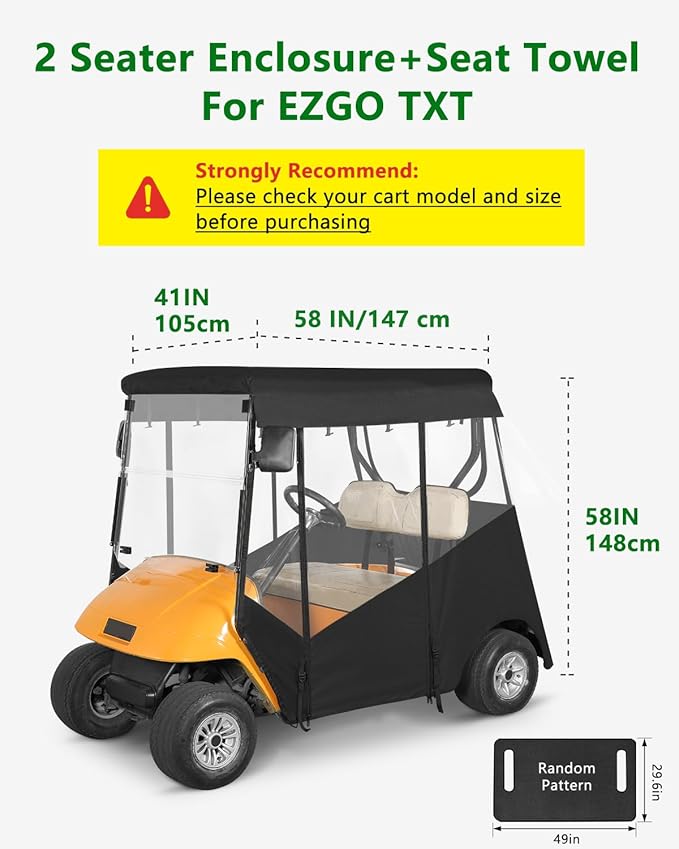 2 Passenger Golf Cart Enclosure for Ezgo TXT, 600D Waterproof Rain Driving Cover with 3 Sided Roll-Up Clear Windows & Doors, Heavy Duty Zippers & Side Mirror Openings